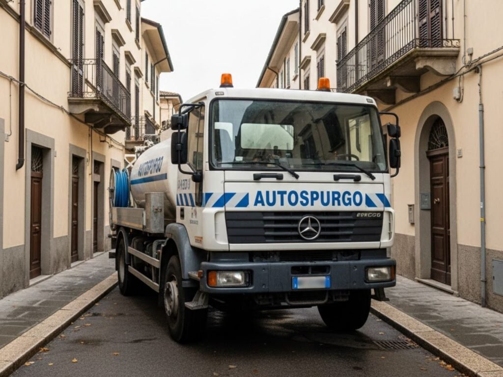 Camion autospurgo a Pesaro parcheggiato in una via italiana, simbolo del servizio professionale e affidabile
