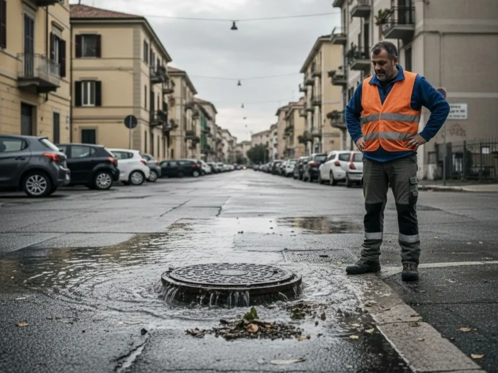 Tombino allagato a Pesaro con acqua che risale e tecnico che verifica un grave intasamento fognario